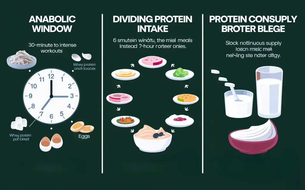 اینفوگرافیک سبز تیره برای بدنسازان با سه استراتژی کلیدی مصرف پروتئین برای ریکاوری و رشد عضلات. بخش اول مفهوم "پنجره آنابولیک" را با ساعتی که محدوده 30 دقیقه تا 2 ساعت بعد از تمرینات شدید را نشان می دهد برجسته می کند و شامل منابع پروتئینی با جذب سریع مانند پودر پروتئین آب پنیر و تخم مرغ است. بخش دوم "تقسیم پروتئین دریافتی" را به 6 وعده غذایی کوچکتر به جای 3 وعده بزرگتر نشان می دهد، با بشقاب های کوچک نشان دهنده هر وعده غذایی و فلش هایی که نشان دهنده تامین مداوم اسیدهای آمینه در طول روز است. بخش سوم "مصرف پروتئین قبل از خواب" را نشان می دهد که شامل یک لیوان شیر و یک کاسه ماست یونانی است که به آرامی ماهیچه ها را در طول شب تغذیه می کند تا از تجزیه عضلات جلوگیری کند.