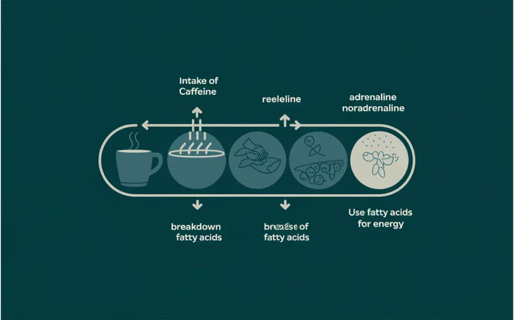 نموداری که فرآیند متابولیسم چربی‌ها پس از مصرف کافئین در بدنسازی را نشان می‌دهد. این تصویر اثرات کافئین در سوزاندن چربی‌ها و تولید انرژی را به‌طور واضح نمایش می‌دهد