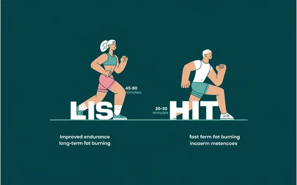 نمودار مقایسه بین تمرین هوازی LISS و HIIT در زمینه سبز تیره. در سمت چپ، LISS با شدت کم، مدت زمان طولانی (45-60 دقیقه) و فعالیت های منظم مانند پیاده روی یا دوچرخه سواری آرام به تصویر کشیده شده است. در سمت راست، HIIT با شدت بالا، مدت زمان کوتاه (20-30 دقیقه) و فعالیت هایی مانند دویدن سریع، تمرینات با شدت بالا با استراحت های کوتاه به تصویر کشیده شده است. در پایین نمودار، مقایسه ای از مزایا نشان داده شده است: LISS برای بهبود استقامت و چربی سوزی طولانی مدت، HIIT برای چربی سوزی سریعتر و افزایش متابولیسم.