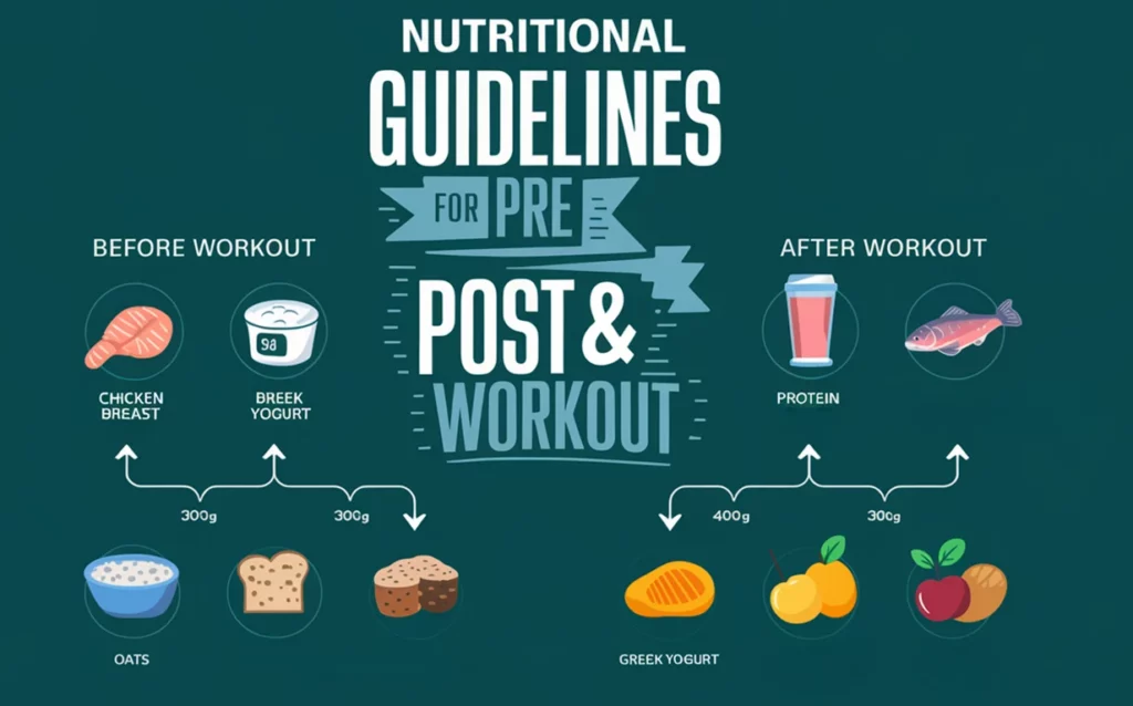 راهنمای تغذیه قبل و بعد از تمرین بدنسازی شامل پروتئین، جو دوسر، ماست یونانی و سینه مرغ